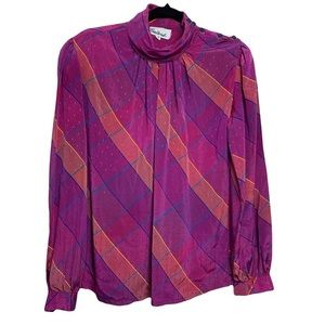 VINTAGE 80s fuchsia purple striped long sleeve blouse with cowl collar